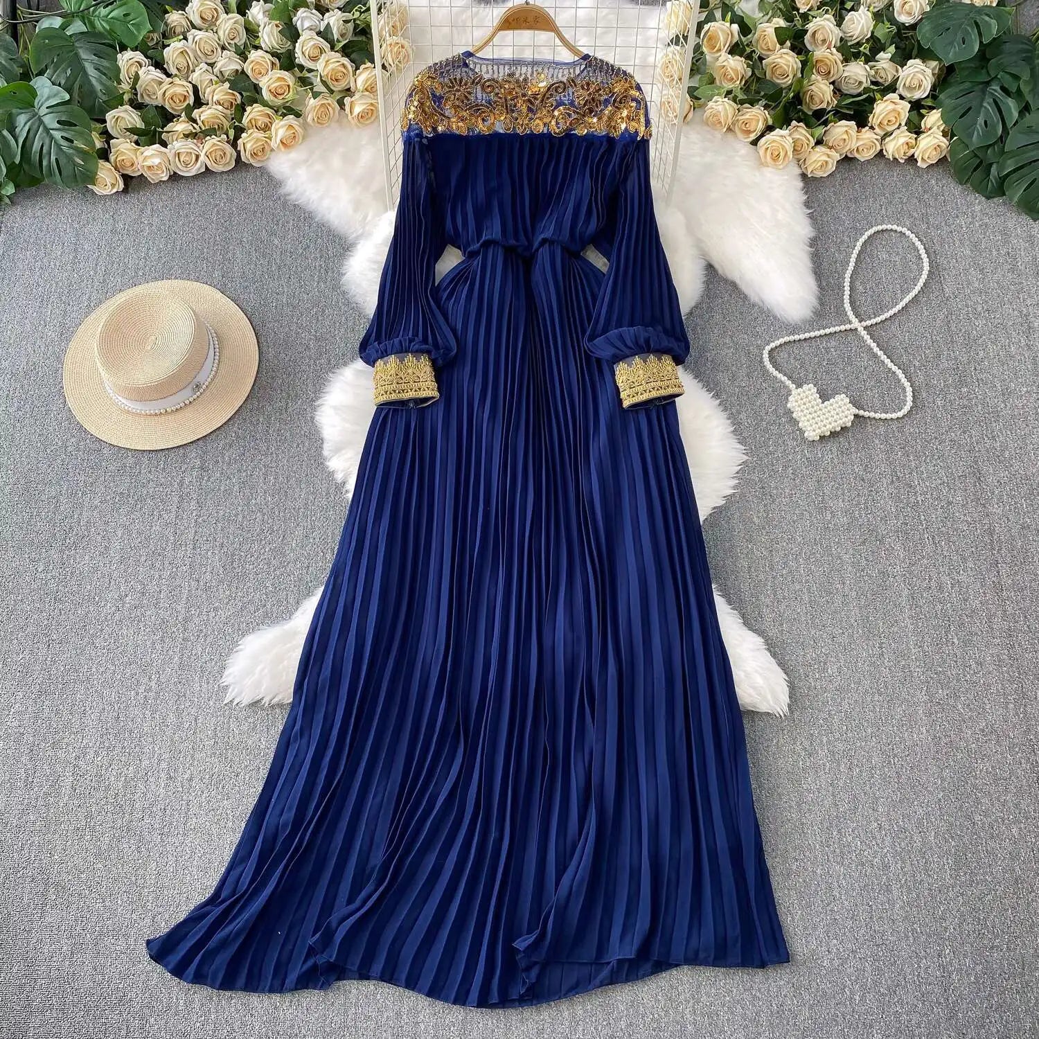 Floor Length Formal Evening Luxury Dress Women Summer Autumn See Through Crochet Crystal Beaded Long Sleeve Maxi Chiffon Dresses