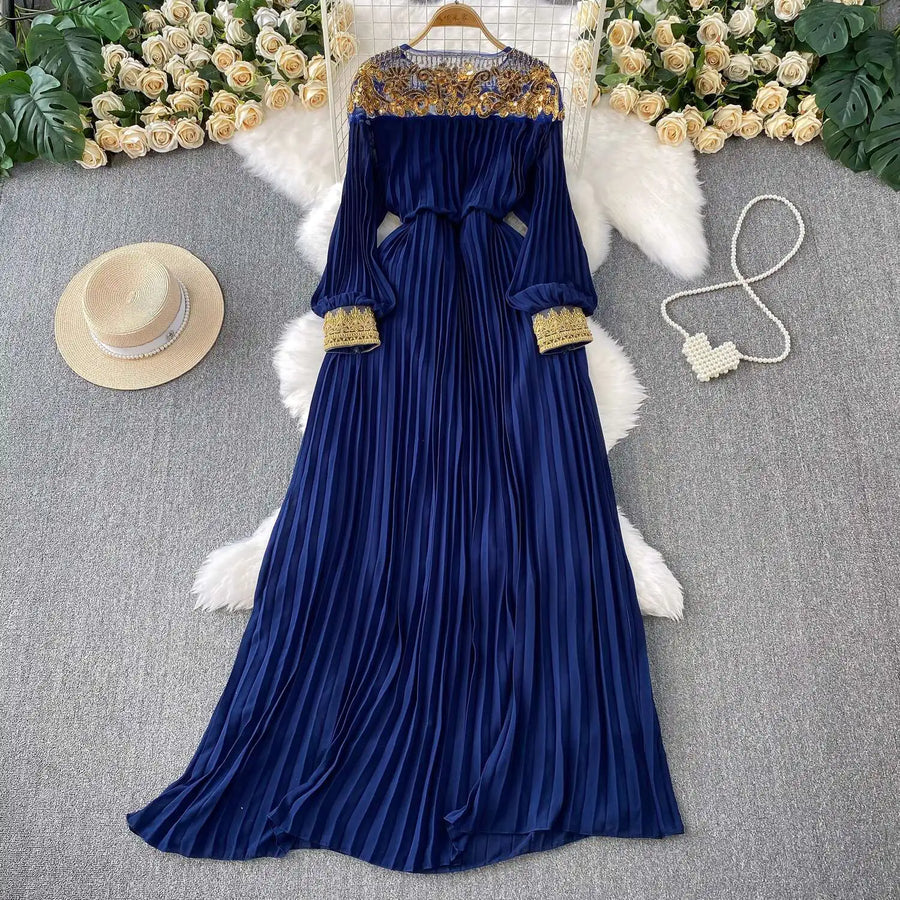 Floor Length Formal Evening Luxury Dress Women Summer Autumn See Through Crochet Crystal Beaded Long Sleeve Maxi Chiffon Dresses
