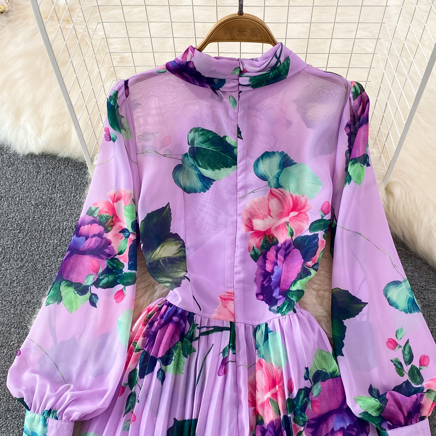 High Quality Floral Print Maxi Long Sleeve Pleated Dress