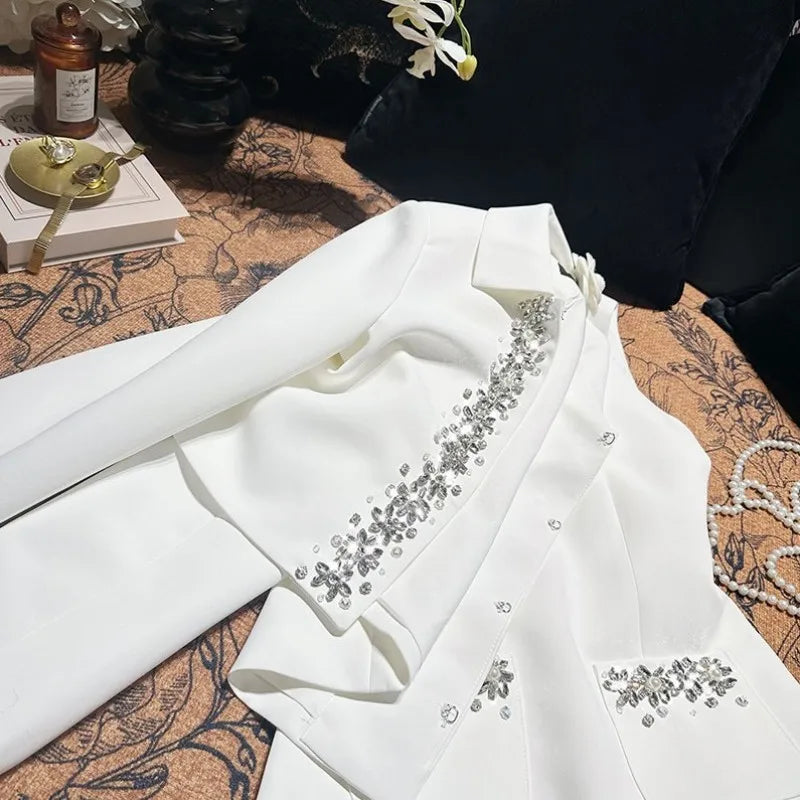 Banquet Fashion Women Luxury Diamonds Solid Color Lapel Short Jacket High Waist A Line Tank Dress Elegant Ladies Two Piece Set