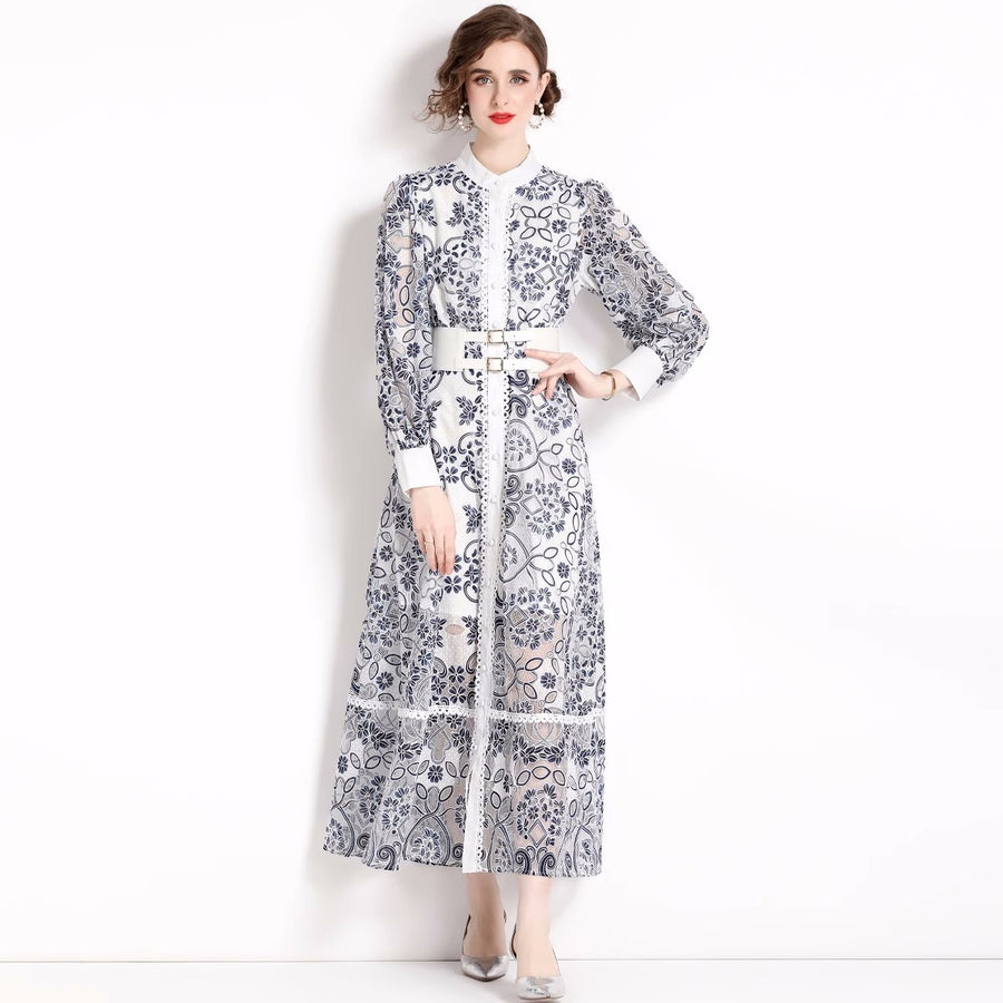 Printed Lace Long Maxi Dress, Long Lantern Sleeves Belted Single Breasted High Quality