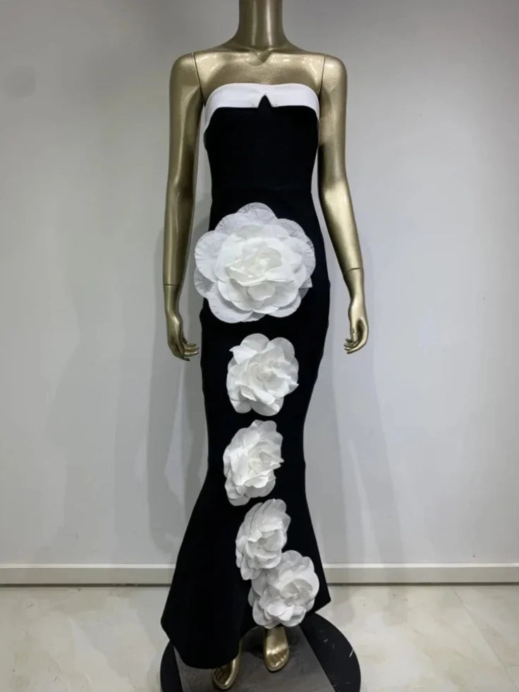 High quality big flower patchwork black and white strapless bandage dress