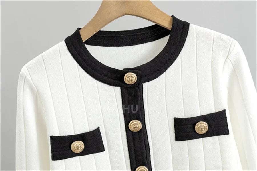Round Neck Slim Short Sweater Skirts Set+Vintage Knitted Skirts