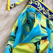 Summer Runway Fashion Sicily Lemon Print Two Piece Outfits Women Long Sleeve Bandage Crop Top＋Beach Pocket Shorts Sets