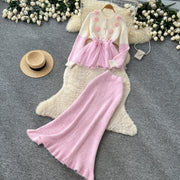 Elegant Knit Patchwork Two Pieces Sets Chic Vintage Cardigan High Waist Mesh Mermaid Skirt Casual Vacation Sets