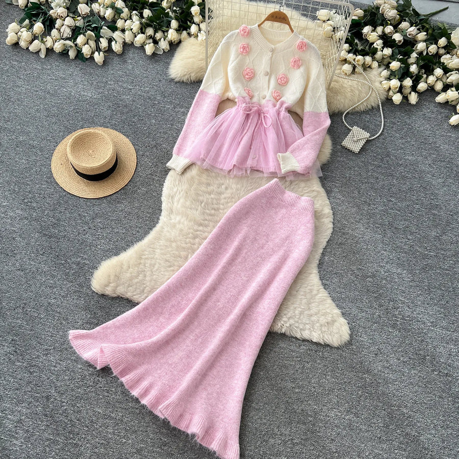Elegant Knit Patchwork Two Pieces Sets Chic Vintage Cardigan High Waist Mesh Mermaid Skirt Casual Vacation Sets