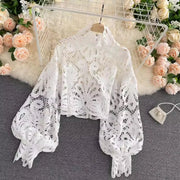 High Quality Transparent Elegant Hollow Out Long Sleeve Lace Blouse