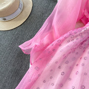 Fashion Temperament Bandage Slim Waist Dress Fairy Gauze Ruffled Long Robe Turn-down Collar Single Breasted Diamonds Vestidos