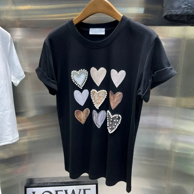 High Quality Pearl Heart Shape Cotton Short Sleeve T-shirt