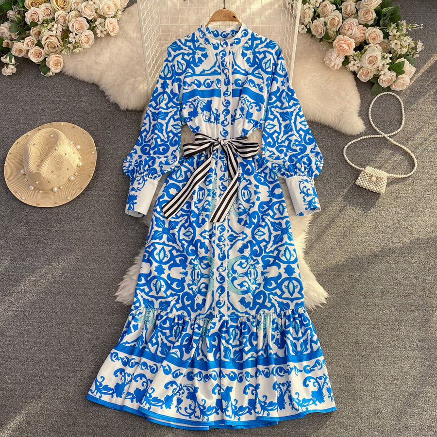 Bohemian Geometric Flower Print Stand Collar Lantern Sleeve Lace Up High Quality Maxi Dress