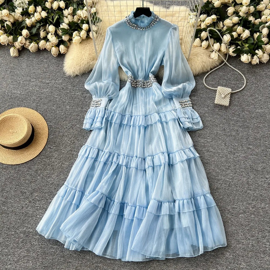 Elegant luxury French style dress, with smooth diamonds, flared sleeves and narrow waist, mid-length high quality