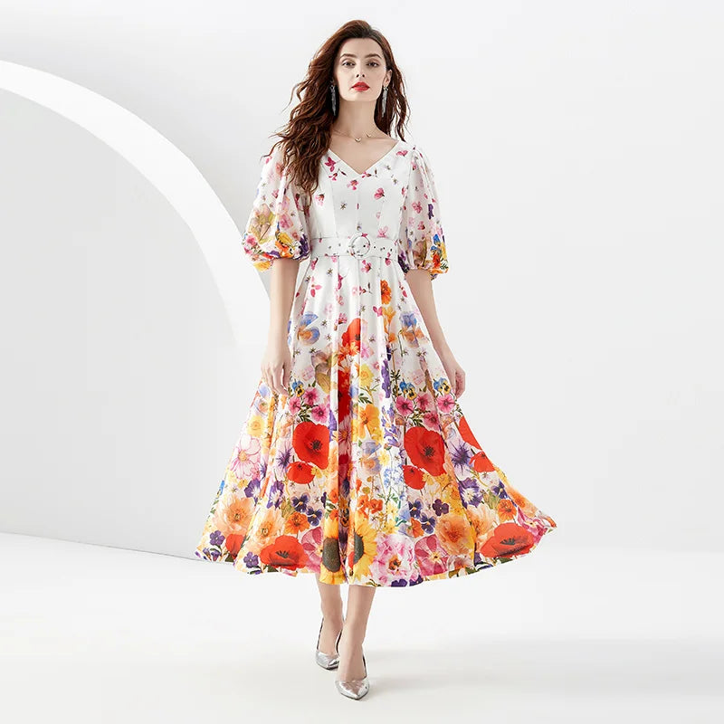 Runway Fashion V-Neck Short Lantern Sleeve Flower Print Belted Holiday Long Robes