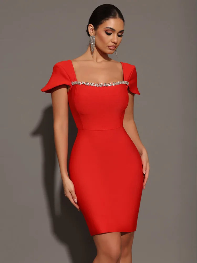 High Quality Black and Red Square Neck Sexy Bodycon Dress