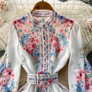 High Quality Belted High Neck Lantern Sleeves Long Floral Dress