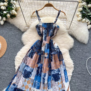 Women's long floral dress with thin straps, sleeveless, elastic, ruched with high-quality print