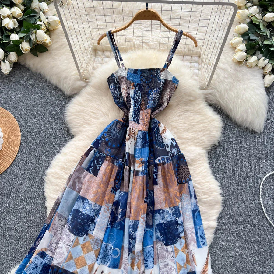 Women's long floral dress with thin straps, sleeveless, elastic, ruched with high-quality print