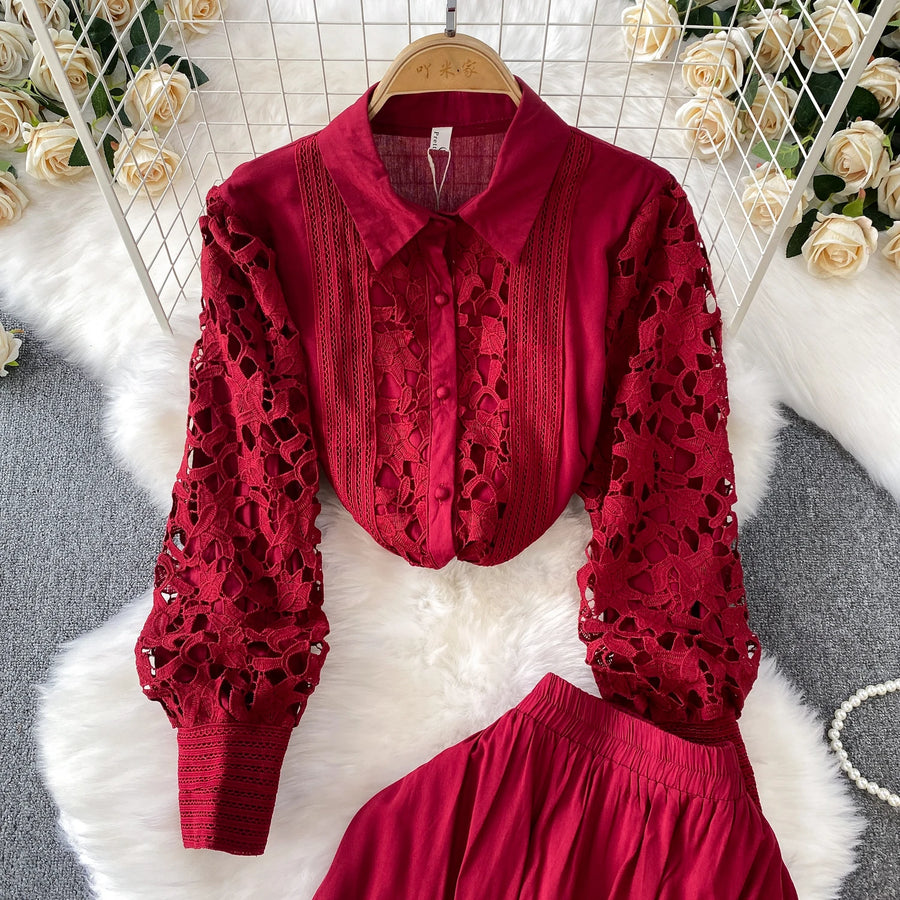 Skirt Sets Women Clothing Temperament Two Piece Set Patchwork Lace Blouses High Waist Hollow Out Long Skirts Suit Summer Outfits
