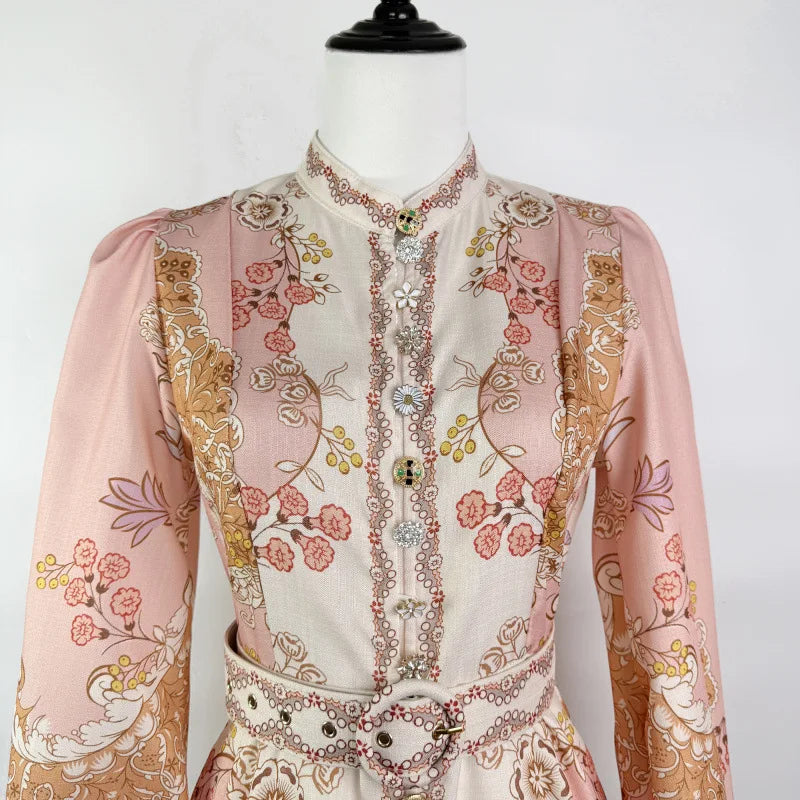 Floral print dress with long sleeves, high neck, and belt, high quality midi length