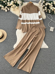 High Quality Striped Zipper Long Sleeve+Wide Leg Pant Two Piece Set