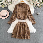 Summer Embroidery Maxi Dress Two Piece Set Women Blue Hollow Lace Long Sleeve Blouse Shirts 3pcs Sets Elastic Waist Skirts Suits