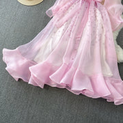 Fashion Temperament Bandage Slim Waist Dress Fairy Gauze Ruffled Long Robe Turn-down Collar Single Breasted Diamonds Vestidos