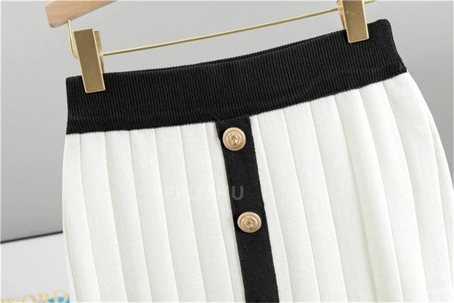 Round Neck Slim Short Sweater Skirts Set+Vintage Knitted Skirts