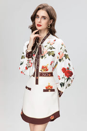 Fashion Designer Elegant Floral Print Skirt Set Women's Lantern Sleeve Frenulum Slim Top+Mini Skirt 2 Pieces Set