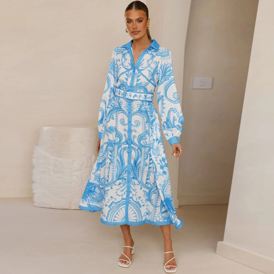 Women Shirt Collar Vintage Floral Print Puff Sleeve Single Breasted Spring Summer Long A Line Cotton Linen Dress