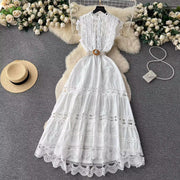 High Quality Sleeveless Stand Collar Hollow Out Belt Water Soluble Embroidery Embroidery Long Elegant Dress