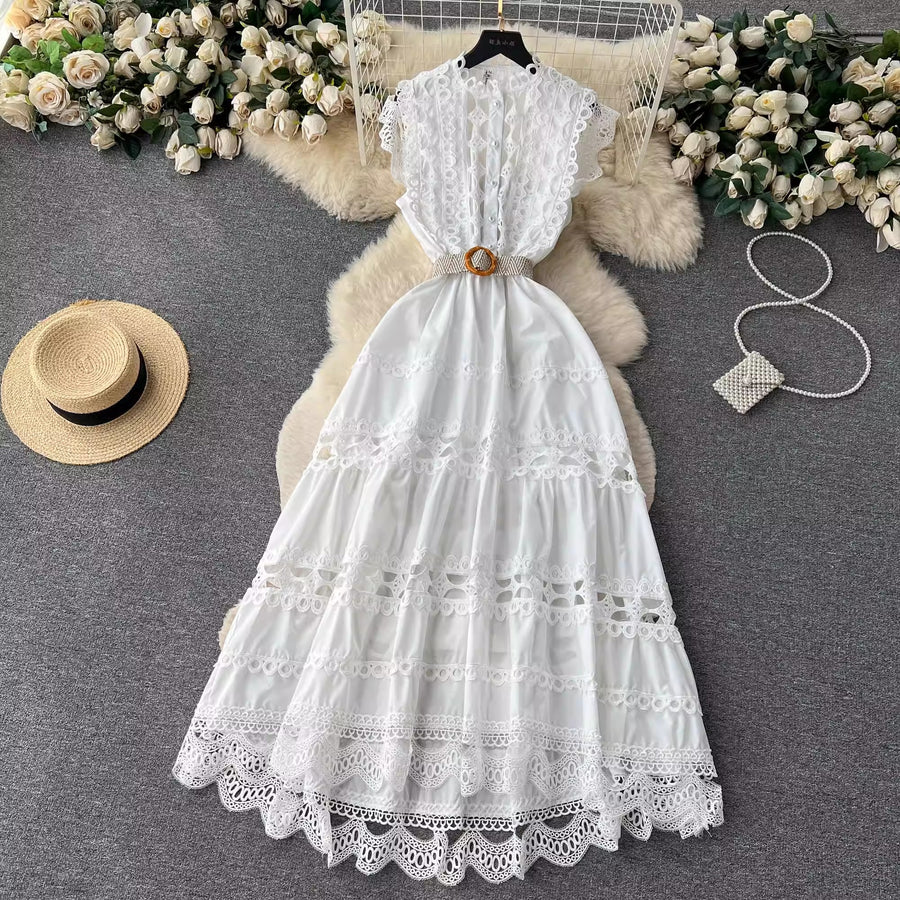 High Quality Sleeveless Stand Collar Hollow Out Belt Water Soluble Embroidery Embroidery Long Elegant Dress