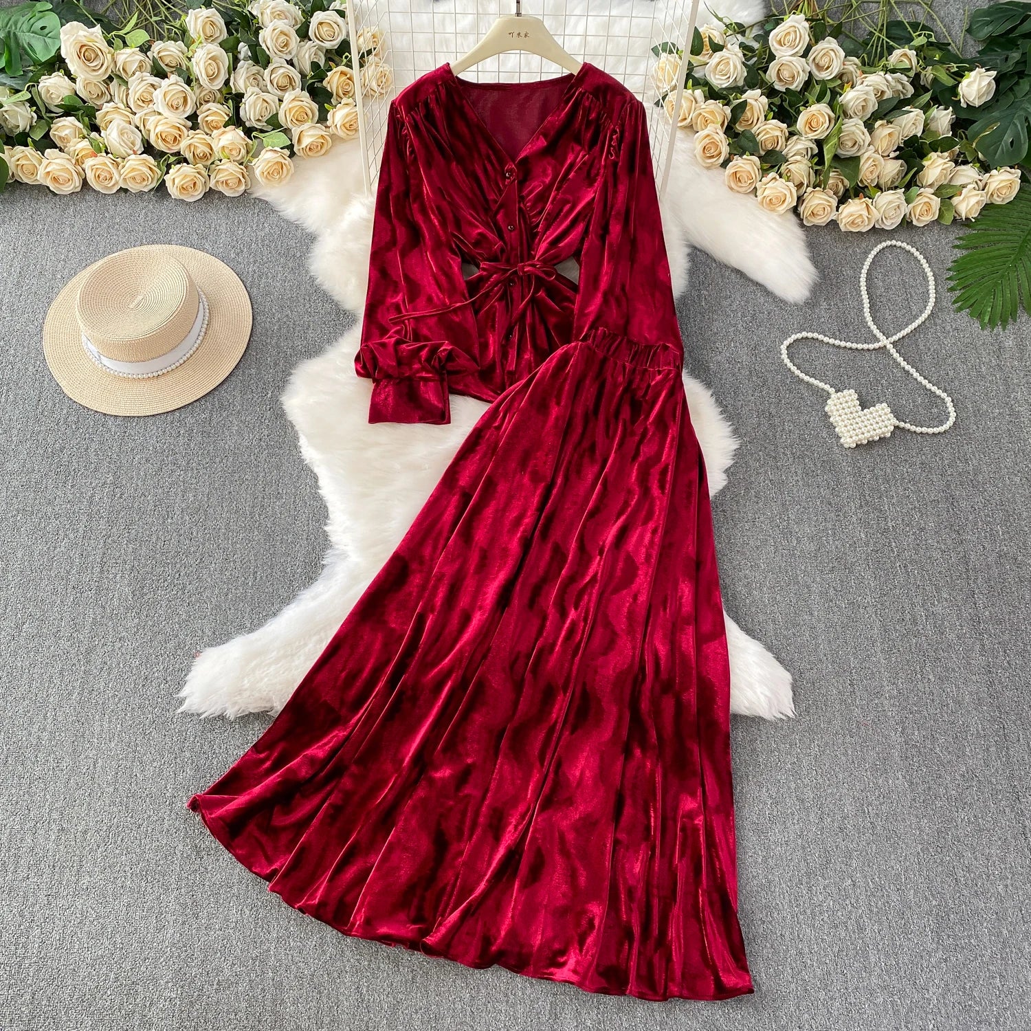 Autumn Velvet Skirt Two-piece Set V-neck Single Breasted Shirt Jacquard Skirts Suit  French Elegant Fashion Women Matching Sets