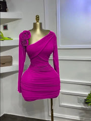 Long-sleeved floral appliqué slash neck ruched bodycon midi dress
