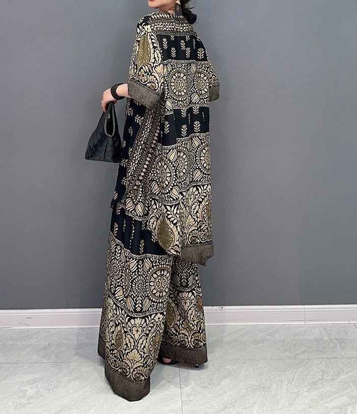 High Quality Printed V Neck Tops and Long Wide Leg Pants Two Piece Set