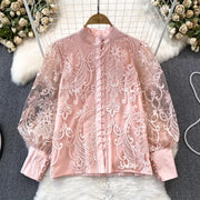 Lantern Long Sleeve Vintage Lace Blouse Women Stand-up Collar Buttons Simple Lace Shirt Elegant Loose See Through Top 29918