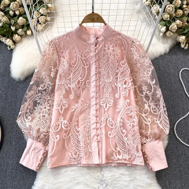 Lantern Long Sleeve Vintage Lace Blouse Women Stand-up Collar Buttons Simple Lace Shirt Elegant Loose See Through Top 29918