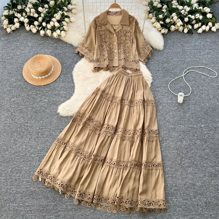 Luxury Long Dresses 2 Piece Sets Women Summer Holiday Hollow Out Crop Tops Elastic Waist Maxi Skirts Suits A Line Party Vestidos