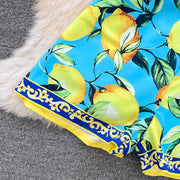 Summer Runway Fashion Sicily Lemon Print Two Piece Outfits Women Long Sleeve Bandage Crop Top＋Beach Pocket Shorts Sets