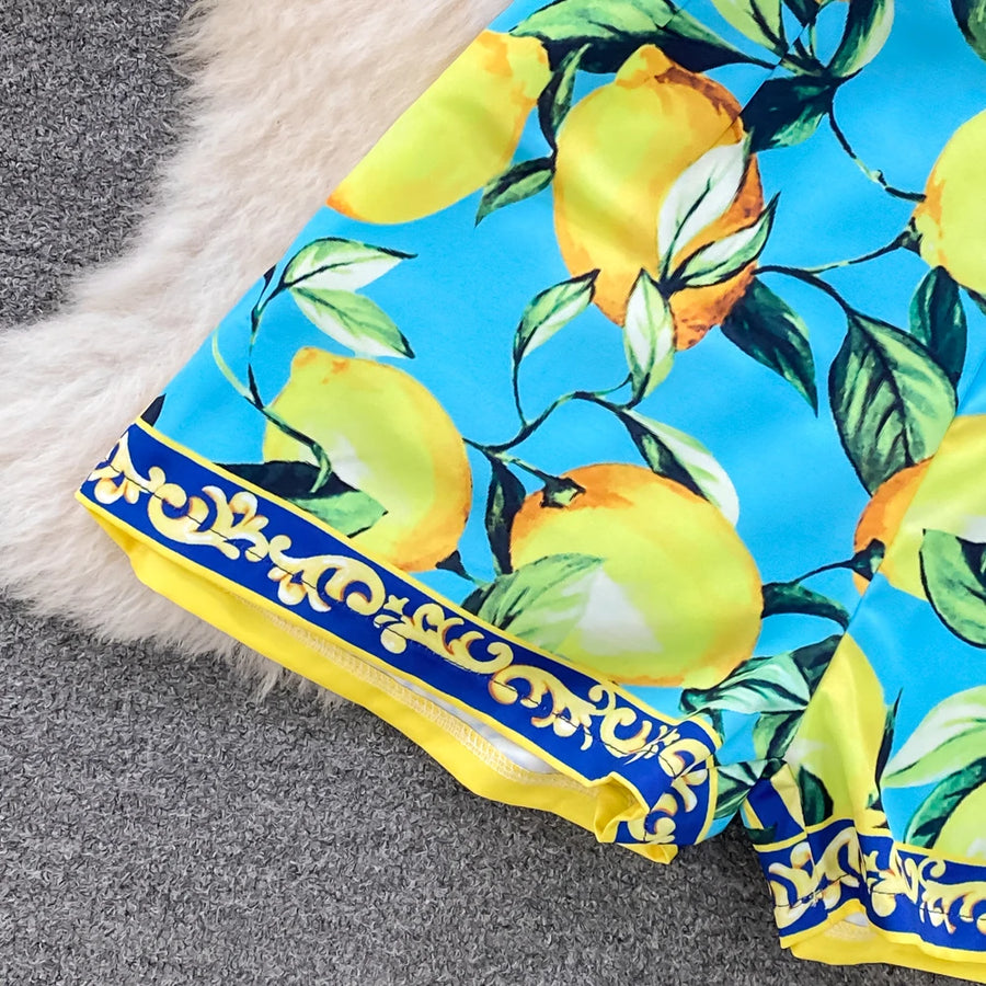 Summer Runway Fashion Sicily Lemon Print Two Piece Outfits Women Long Sleeve Bandage Crop Top＋Beach Pocket Shorts Sets