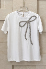 High Quality Embroidery Bow Diamond Short Sleeve Loose T-shirts