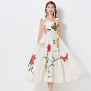 High Quality Spaghetti Strap Floral Print Cotton Linen Long Embroidered Flower Butterfly Dress