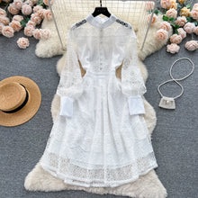High quality elegant long plain cut French lace dress with flared sleeves
