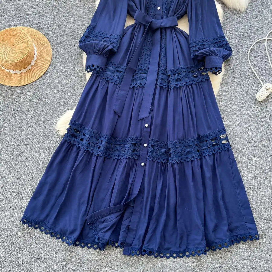Elegant retro style slit maxi dress with pearl buttons and high-quality crochet embroidery