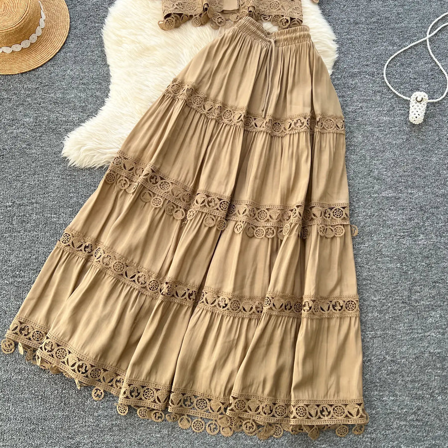 Luxury Long Dresses 2 Piece Sets Women Summer Holiday Hollow Out Crop Tops Elastic Waist Maxi Skirts Suits A Line Party Vestidos