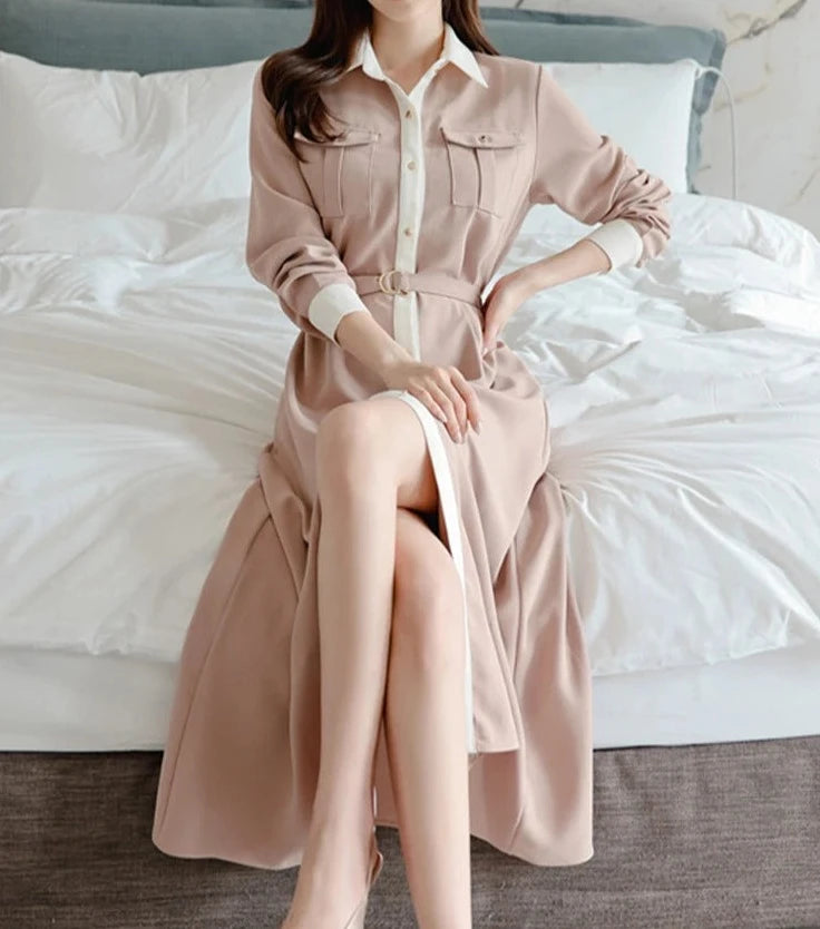 Elegant Long Sleeve Belted High Quality Maxi Dress Pink / S / CN Elegant Long Sleeve Belted High Quality Maxi Dress Pink / S / CN
