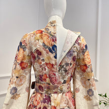 Beige linen midi dress with floral print vintage long flared sleeve with buttons at waist and belt high quality