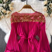 Floor Length Formal Evening Luxury Dress Women Summer Autumn See Through Crochet Crystal Beaded Long Sleeve Maxi Chiffon Dresses