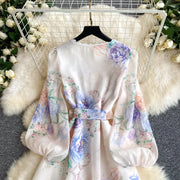 Lace Chiffon Floral Dress Maxi A-line Lantern Sleeve V Neck Spring Women Retro French Fairycore Elegant Vacation Dress