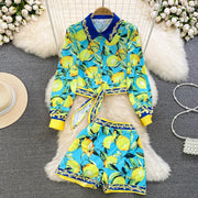 Summer Runway Fashion Sicily Lemon Print Two Piece Outfits Women Long Sleeve Bandage Crop Top＋Beach Pocket Shorts Sets