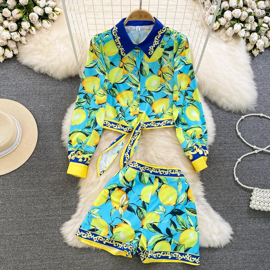 Summer Runway Fashion Sicily Lemon Print Two Piece Outfits Women Long Sleeve Bandage Crop Top＋Beach Pocket Shorts Sets