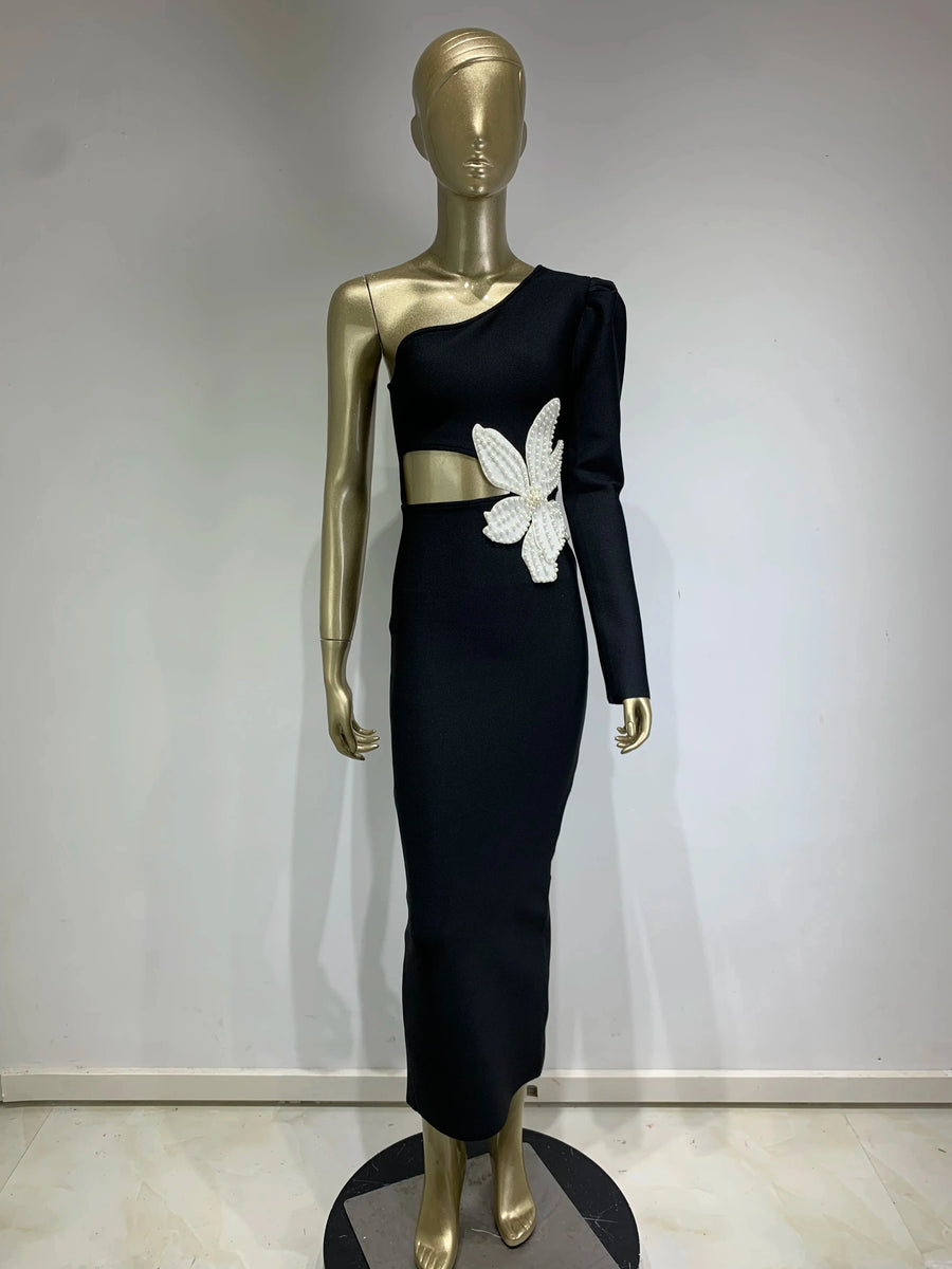 High Quality Flower Beaded Single Sleeve Sexy Midi Bandage Dress